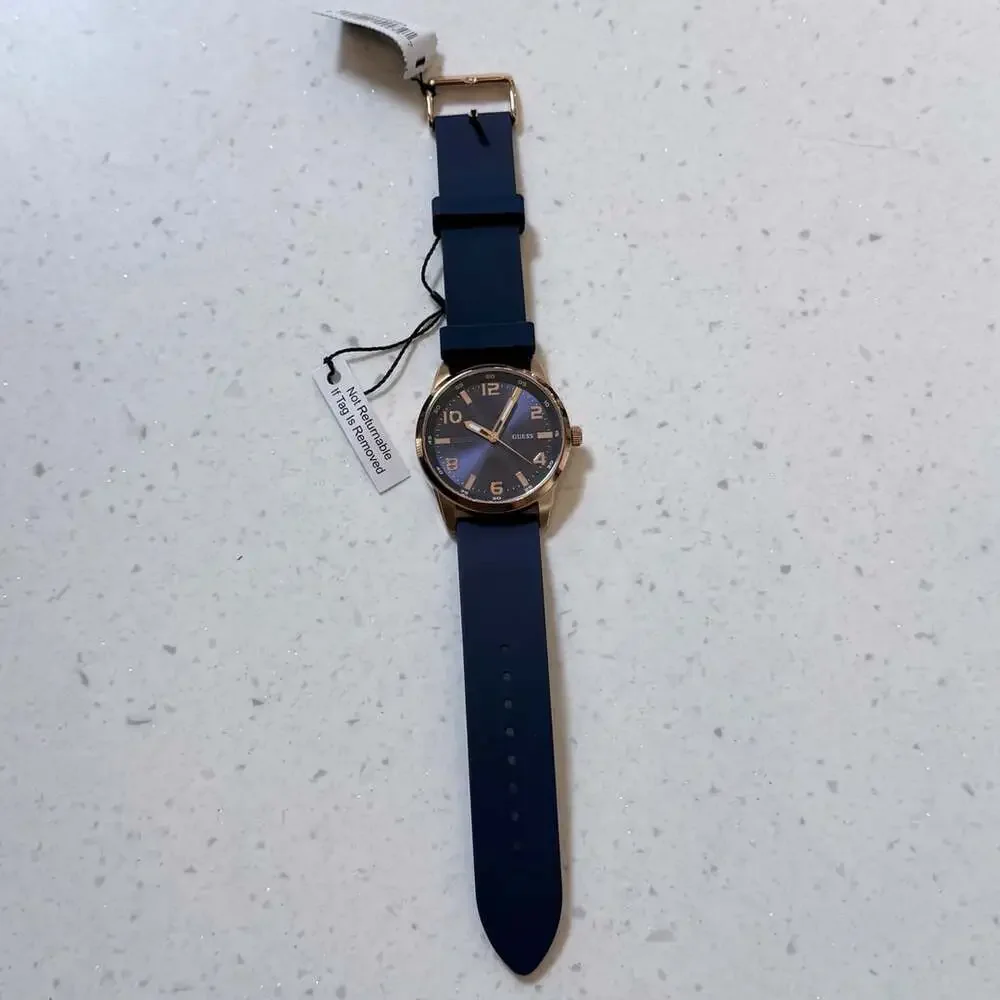 Guess Monte Analog Watch for Men w Blue Silicone Strap and Rose Gold Tone Case